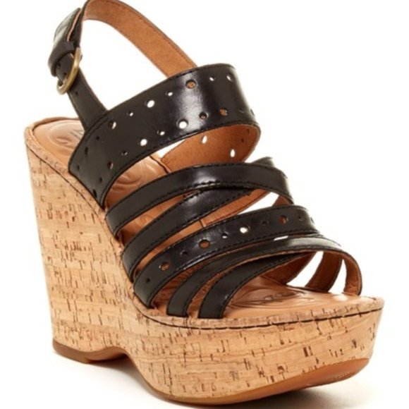 ~BORN~EUC Born Black Leather "Marlys Wedge Sandal 9/40.4 - Picture 1 of 4